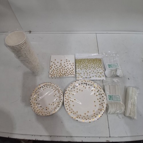 176PC GO4GREEN PARTY TABLEWARE SET - FOR 25 PEOPLE - WHITE / GOLD image 2