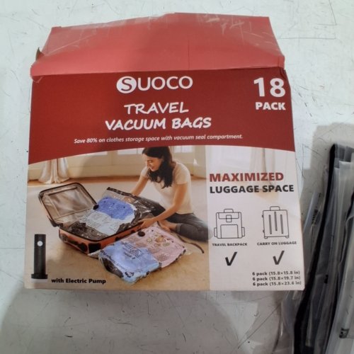 18PK SUOCO TRAVEL VACUUM BAGS - 6PC 15.8" X 15.8", 6PC 15.8" X 19.7", 6PC 15.8" X 23.6"; WITH ELECTRIC PUMP image 2
