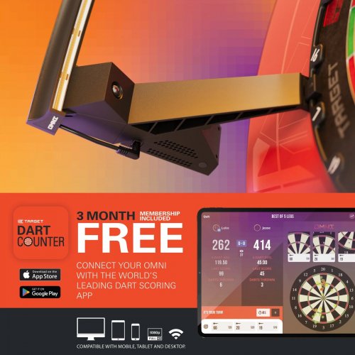 TARGET DARTS OMNI DART BOARD AUTO SCORING CAMERA SYSTEM WITH LED LIGHTING AND APP CONTROL - 26" - BLACK (MODEL: 460011) image 2