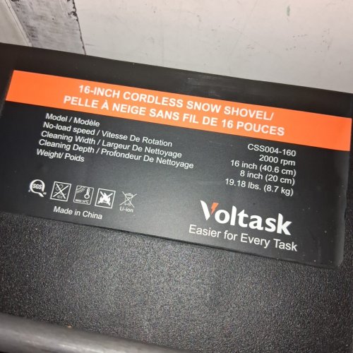 VOLTASK CORDLESS ELECTRIC SNOW SHOVEL WITH CHARGER AND LED LIGHTS - 16" - 48V - BLACK/ORANGE (MODEL: CSS004-160) image 8