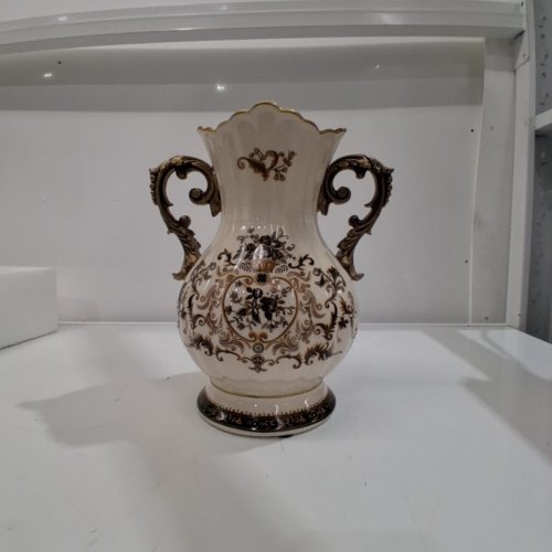 ORNATE DOUBLE-HANDLED DECORATIVE CERAMIC VASE - 11" - IVORY/GOLD/BROWN image 3