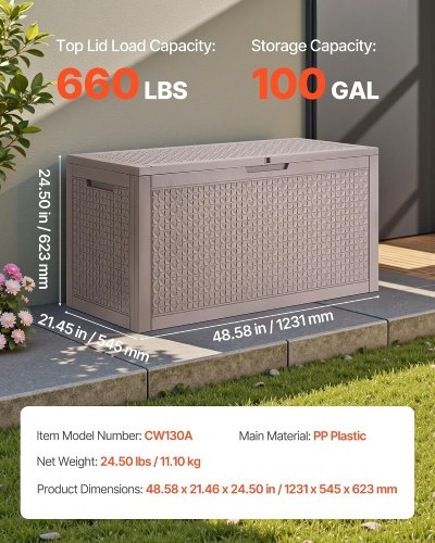 OUTDOOR RESIN STORAGE BOX - 100GAL, 49" X 21" X 24" - LIGHT COFFEE - (MODEL: CW130A) image 2