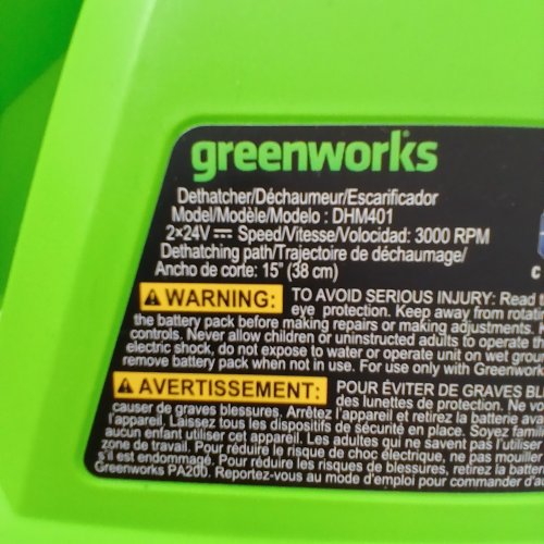 GREENWORKS BRUSHLESS DETHATCHER / SCARIFIER - 15" - 48V - GREEN/BLACK (MODEL: DHM401) image 6
