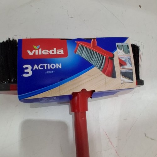 VILEDA 3 ACTION BROOM WITH 3 BRISTLE TYPES TO SWEEP & CLEAN - 48" HANDLE - RED image 3