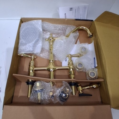 KINGSTON TWO-HANDLE DECK MOUNT BRIDGE KITCHEN FAUCET WITH SIDE SPRAYER - POLISHED BRASS (MODEL: KS1272ALBS) image 2