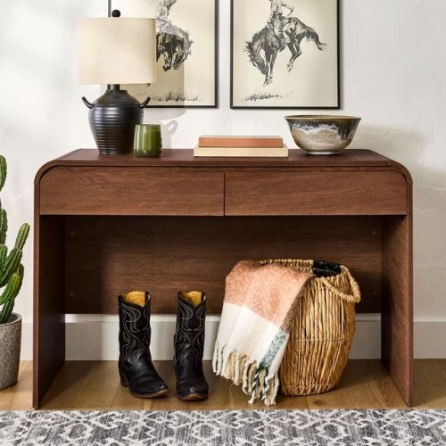 BETTER HOMES & GARDENS MODERN CURVED DESK WITH TWO STORAGE DRAWERS - 48" X 23.5" X 31.25" - WALNUT (STYLE: JULIET) image 2