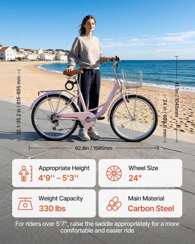 VEVOR 7-SPEED CRUISER BIKE WITH BASKET - PINK (MODEL: SCB722-P) image 3