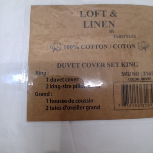 3PC FABSTYLE LOFT AND LINEN COTTON DUVET COVER SET - SIZE KING - WHITE - (MODEL:31799) image 4