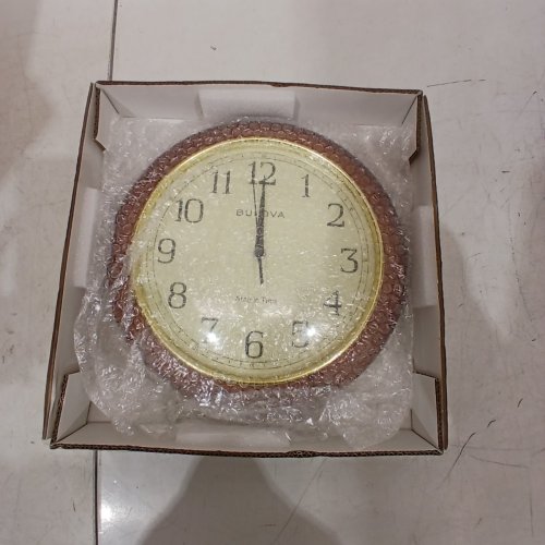 BULOVA WOOD WALL CLOCK ATOMIC TIME SET AUTOMATICALLY - 12" - BROWN CHERRY STAIN / GOLD BEZEL (MODEL: C5004) image 2