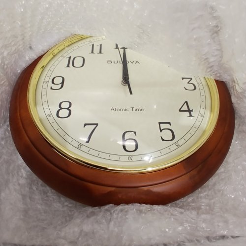 BULOVA WOOD WALL CLOCK ATOMIC TIME SET AUTOMATICALLY - 12" - BROWN CHERRY STAIN / GOLD BEZEL (MODEL: C5004) image 3