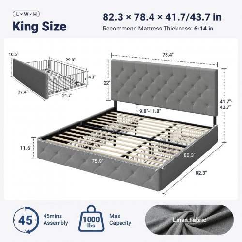 ALLEWIE UPHOLSTERED BED FRAME WITH WOODEN SLATS, HEADBOARD, AND 4 UNDER STORAGE DRAWERS - KING - GREY (MODEL: QESSCFK003) image 2