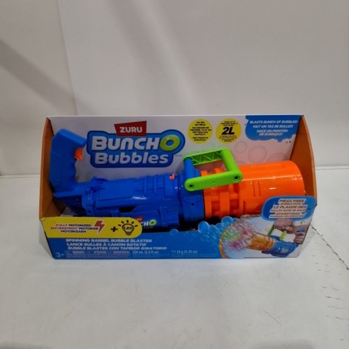 KIDS ZURU BUNCH O BUBBLES SPINNING BARREL BUBBLE BLASTER WITH RECHARGEABLE BATTERY - 30,000 BUBBLES PER MINUTE - BLUE/ORANGE (MODEL: 1851658) image 2
