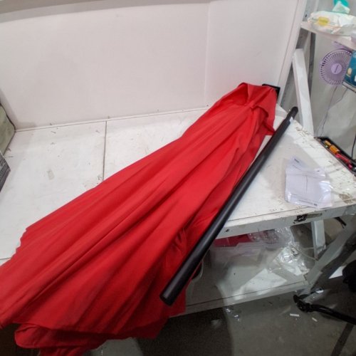 YAHEETECH SOLAR POWERED PATIO UMBRELLA WITH UV PROTECTION, PUSH BUTTON TILT, CRANK LIFT AND LED LIGHTS - 9FT - RED (MODEL: 611246 TAN) image 2