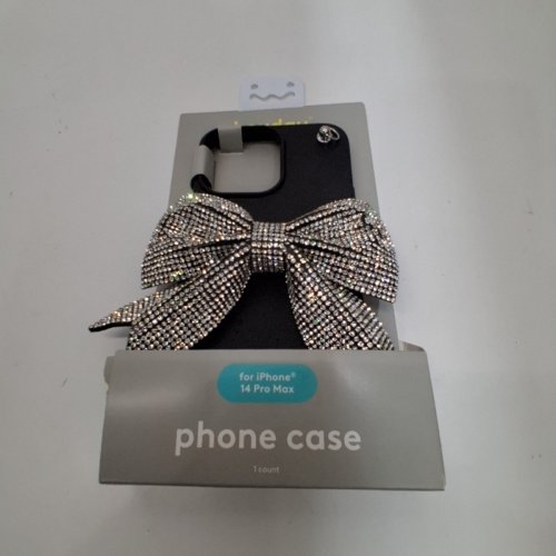 HEYDAY SOFT SHELL PHONE CASE WITH BOW EMBELLISHMENT FOR IPHONE 14 PRO MAX - BLACK/SILVER image 2