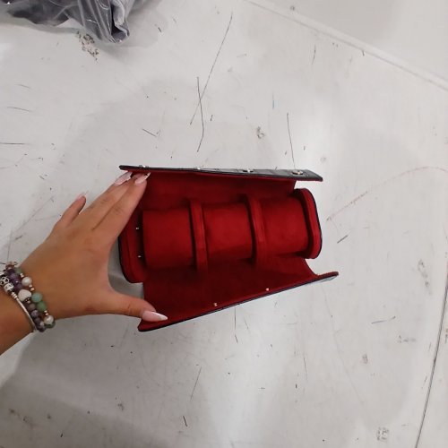 3 SLOT WATCH ROLL TRAVEL CASE STORAGE AND DISPLAY BOX - 9" X 4" - BLACK / RED LEATHER image 3