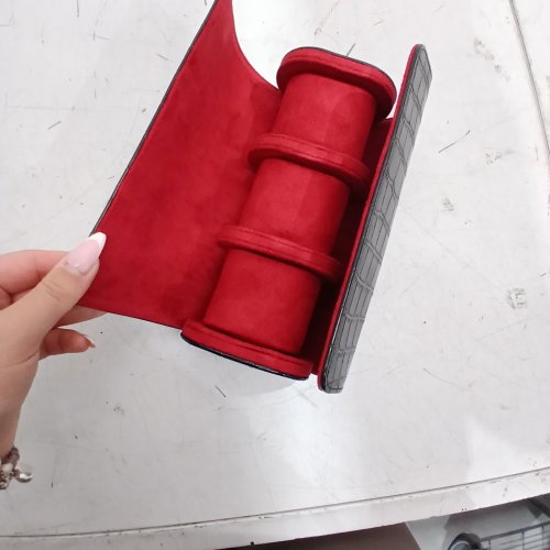 3 SLOT WATCH ROLL TRAVEL CASE STORAGE AND DISPLAY BOX - 9" X 4" - BLACK / RED LEATHER image 4