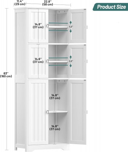 ZEIBOSPRI TALL WOODEN BATHROOM STORAGE CABINET WITH ADJUSTABLE SHELVES - 63" X 23" X 11" - WHITE - (MODEL: SJB03B) image 2