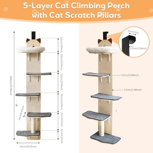 HOMEGROOVE 5 LEVEL DOOR HANGING CAT CLIMBER VERTICLE TREE TOWER - 72.4" - WHITE (MODEL:FBAHO461716) image 2