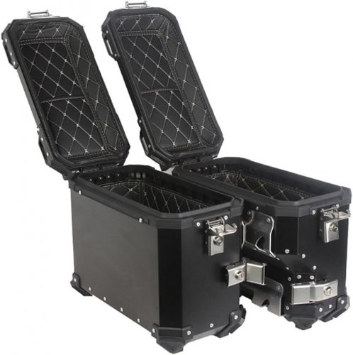 2PC MOTORCYCLE HARD SADDLEBAG BOX SIDE STORAGE CASES WITH KEYS - 38 L CAP - 9" X 17.8" X 14.5" - BLACK/SILVER image 2