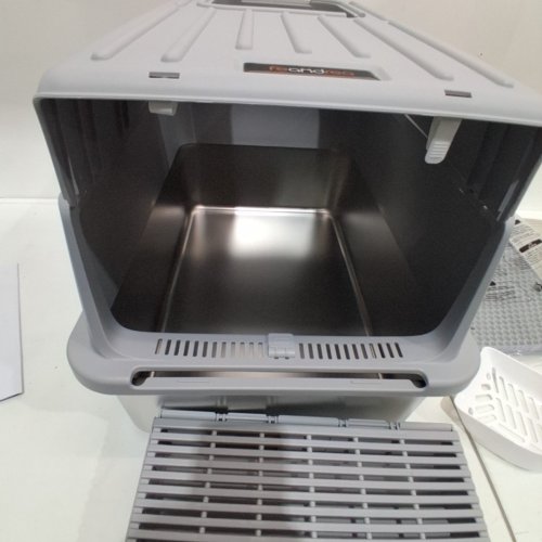 FEANDREA CAT LITTER BOX WITH FLIP LID LITTER CATCHER MAT AND BOX 2 DOORS SCOOP - STAINLESS STEEL/LIGHT GRAY image 3