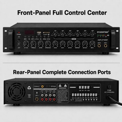 STUDIOFINIX 70V COMMERCIAL PUBLIC ADDRESS AMPLIFIER 180W 6‑ZONE, BLUETOOTH/USB/SD/RCA/MIC/FM/OPTICAL INPUTS FOR RESTAURANTS, OFFICES, 2U RACK MOUNT - BLACK (MODEL: AMP-CP180BT) image 2
