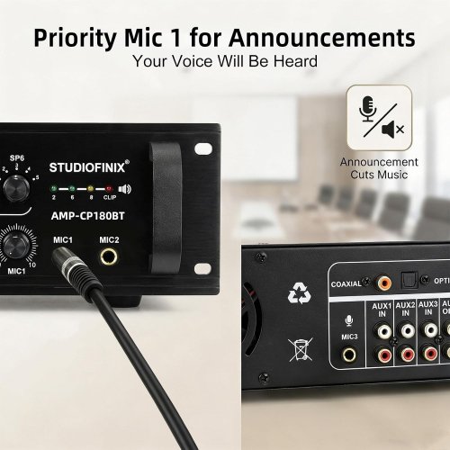 STUDIOFINIX 70V COMMERCIAL PUBLIC ADDRESS AMPLIFIER 180W 6‑ZONE, BLUETOOTH/USB/SD/RCA/MIC/FM/OPTICAL INPUTS FOR RESTAURANTS, OFFICES, 2U RACK MOUNT - BLACK (MODEL: AMP-CP180BT) image 3