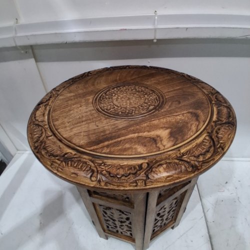 LIGHTNPRO OCTAGONAL HAND CARVED MANGO WOOD SIDE TABLE - 18" - BURNT FINISH image 4