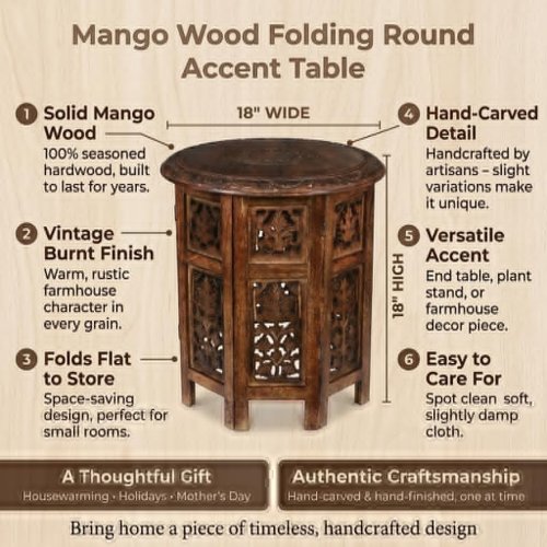 LIGHTNPRO OCTAGONAL HAND CARVED MANGO WOOD SIDE TABLE - 18" - BURNT FINISH image 2