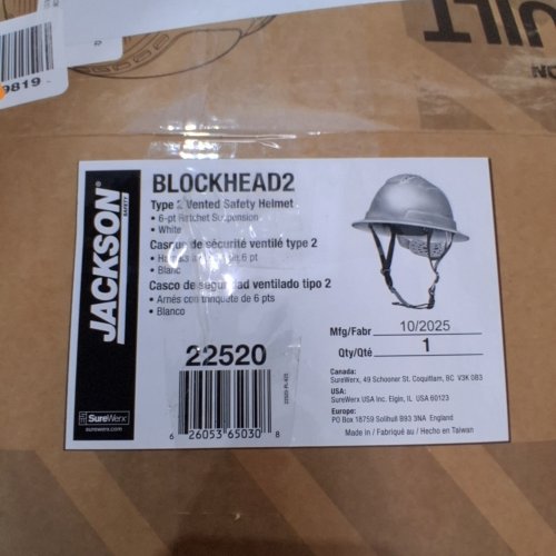 JACKSON SAFETY BLOCKHEAD2 TYPE 2 FULL BRIM HARD HAT - VENTED CLASS C - WHITE (MODEL:22520) image 2