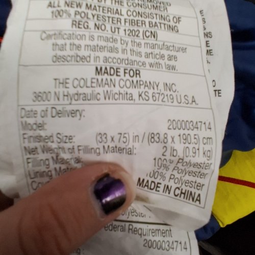 COLEMAN PALMETTO REGULAR WARM WEATHER SLEEPING BAG - RH ZIPPER - 75" X 33" - (MODEL: 2000034714) image 3