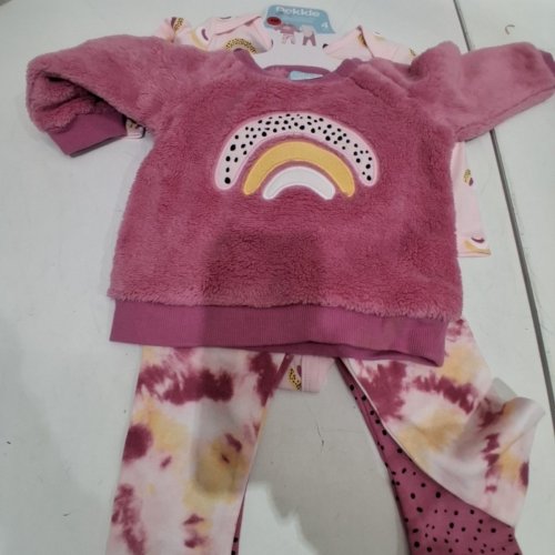 4PC GIRLS PEKKLE SET WITH FUZZY SWEATER, LONG SLEEVE SHIRT AND PANTS - 9 MONTHS - PINK RAINBOW (STYLE: 2220920) image 2
