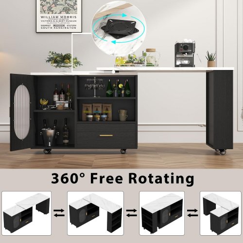 HSH MOBILE KITCHEN ISLAND WITH ROTATING STORAGE CART - 72" X 24" X 33" - BLACK W/ FAUX WHITE MARBLE TOP - (MODEL: KI017322) image 2