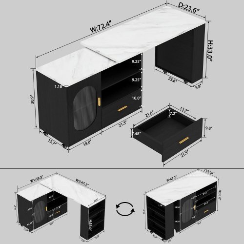 HSH MOBILE KITCHEN ISLAND WITH ROTATING STORAGE CART - 72" X 24" X 33" - BLACK W/ FAUX WHITE MARBLE TOP - (MODEL: KI017322) image 3