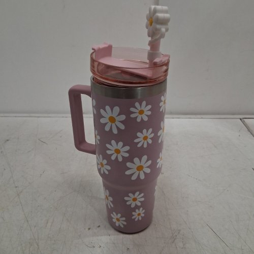 PARTYAIRE STAINLESS STEEL DAISY TUMBLER WITH HANDLE & STRAW - 30OZ - PURPLE/PINK image 2