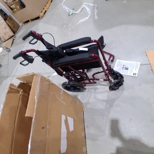 MEDLINE BASIC ALUMINUM TRANSPORT WHEELCHAIR WITH BRAKES - 12" REAR WHEELS - 19"/300LBS MAX/CAP - RED/BLACK (MODEL: MDS808210ARE) image 2