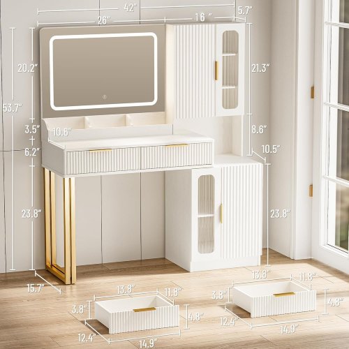 MODERN MAKEUP VANITY DESK WITH MIRROR AND LIGHTS - 42" - WHITE (MODEL: TABLE-3BZ-WHITE) image 2