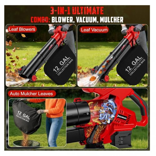 CORDLESS 3-IN-1 LEAF BLOWER VACUUM MULCHER - 40 V, 12 GAL COLLECTION BAG - RED AND BLACK (MODEL: GY228450) image 2