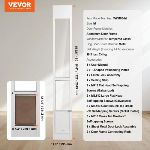 ADJUSTABLE DOG DOOR FOR SLIDING GLASS DOOR - MEDIUM - 75.8" - 80.6" - WHITE/BROWN (MODEL: CWM03-M) image 2