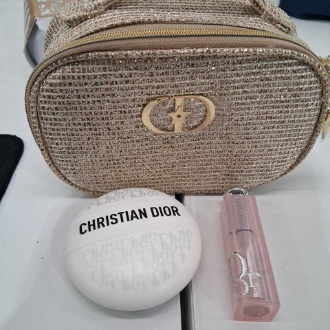 3PC DIOR THE BEAUTY AND CARE RITUAL GIFT SET - LE BAUME 50ML - LIP GLOW E 001 PINK AND CASE - GOLD image 3