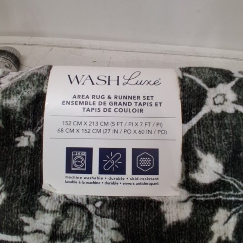 WASH LUXE MACHINE WASHABLE AREA RUG WITH BORDER & FLORAL MEDALLION PATTERN - 5FT X 7FT - DARK GREY/GREEN TONE (MODEL: TNC-27682) image 2
