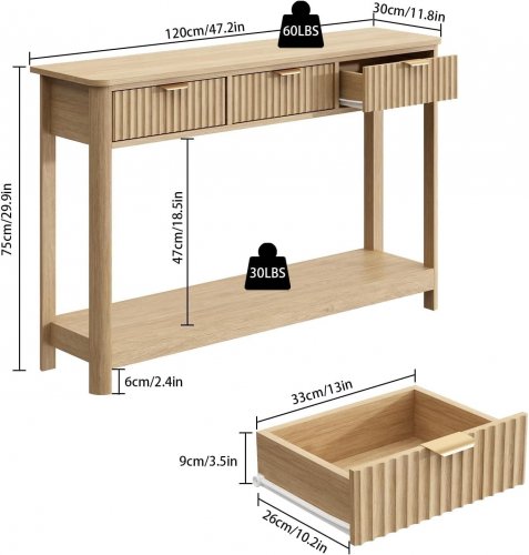 RUSTOWN FARMHOUSE WOOD CONSOLE TABLE WITH 3 DRAWERS - 47" X 30" - NATURAL WOOD (MODEL: PDWZ8083NU) image 2