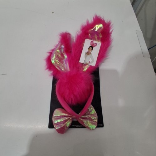 3PC FAUX FUR BUNNY EARS HEADBAND AND BOW TIE KIT - PINK image 2