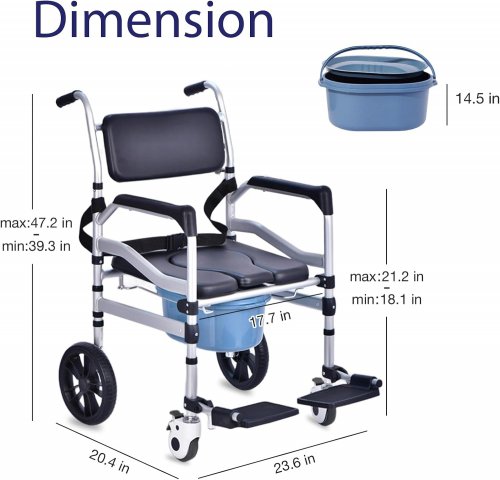 KWEETLE 4-IN-1 ADJUSTABLE FOLDING ROLLING MOBILITY WHEELCHAIR SHOWER COMMODE CHAIR - 400LBS MAX - BLUE/SILVER (MODEL: S313175-SS-CA) image 2