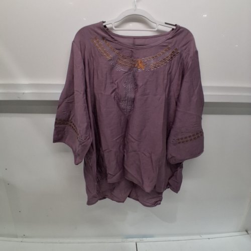 WOMENS COTTON LINEN EMBROIDERED CREWNECK SUMMER BLOUSE - LARGE - PURPLE image 2