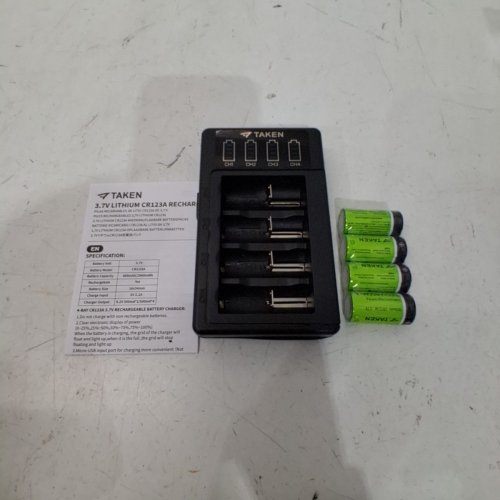 TAKEN RECHARGEABLE BATTERY CHARGER AND 4 3.7V BATTERIES - BLACK (MODEL:CR123A) image 2