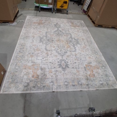 WASHABLE NON SLIP VINTAGE ORNAMENTAL PATTERN AREA RUG - 8FT X 10FT - IVORY, GRAY, AND TAN image 2