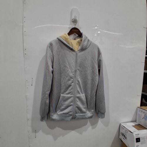 ADULTS ZIP-FRONT FUR LINED HOODED JACKET SWEATER - MED/LARGE- GREY image 2