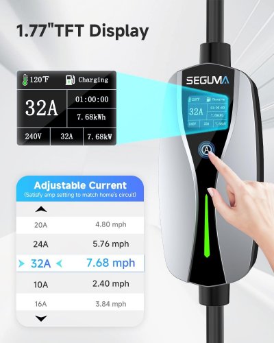 SEGUMA LEVEL 2 IP65 PORTABLE EV ELECTRIC VEHICLE CHARGER FOR TESLA - 32 AMP - 7.68 KW - 25FT - BLACK (MODEL: EV-ACS3202T) image 2