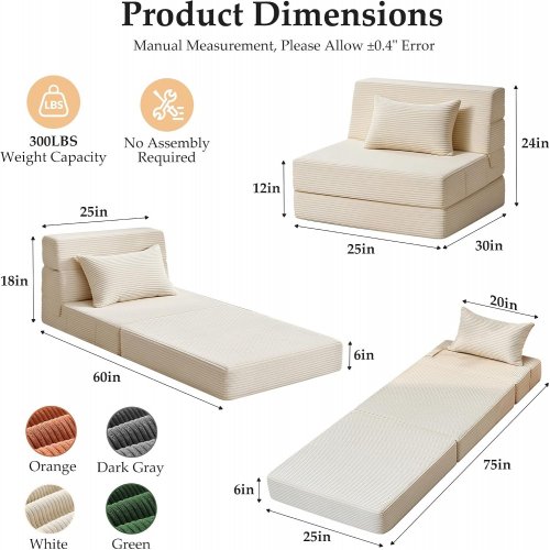 YOUZI 4-IN-1 CONVERTIBLE FOLDING SOFA SLEEPER CHAIR WITH PILLOW - 75" X 25" X 6" - WHITE image 2