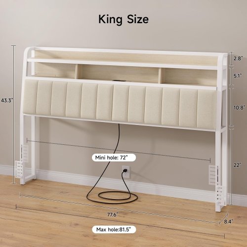 ONBRILL ERGONOMIC STORAGE HEADBOARD WITH LED LIGHTS & CHARGING STATION - KING - WHITE (MODEL: HB-103-WH-K) image 2